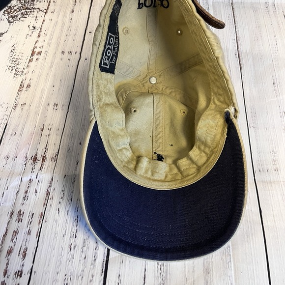 Vintage Polo Ralph Lauren Cotton Chino Khaki Tan Leather Buckle Strap Back Hat - Picture 7 of 8